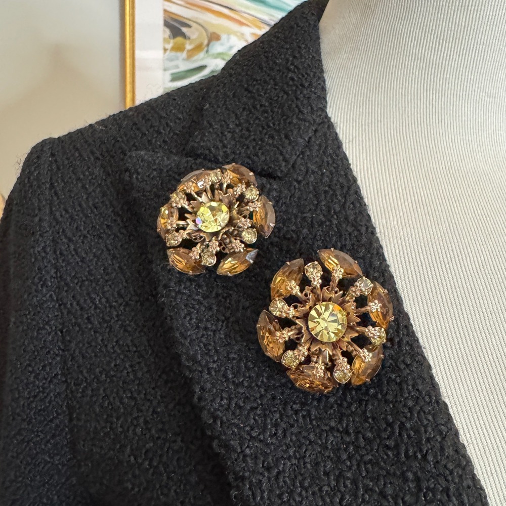 Vintage Rhinestone‎ Flower Brooch Set Amber Crystal Floral Pin Pair